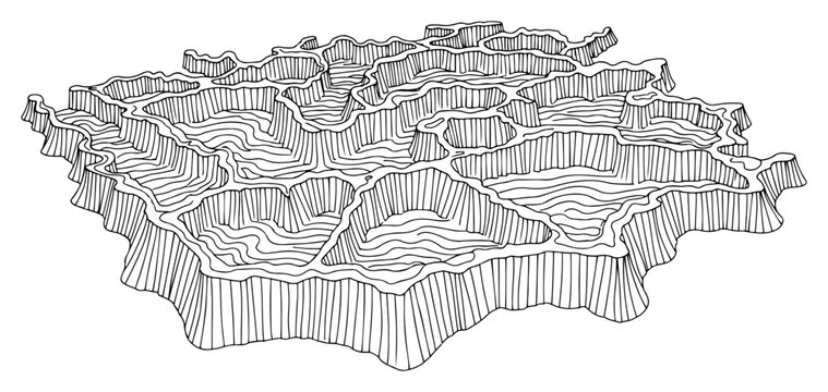 Topographical terrain map with contour lines and tiered plateaus in minimalist linear style