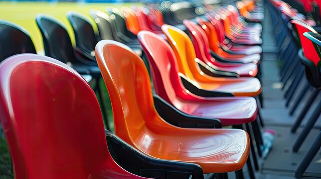 Rows of plastic chairs await passionate fans at the sport stadium, anticipating the thrill of competition. Invest in the excitement of live sports.