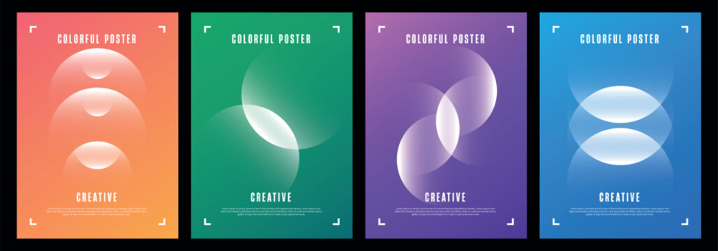 A series of four vibrant minimalist posters featuring overlapping gradient circles and the word creative high-quality professional