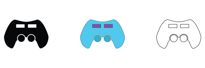Minimal Game Controller Icons Set in Three Styles. Three game controllers in black, colour, and outline styles, representing gaming, technology, and modern minimalist design concepts. © KD Vector Studio