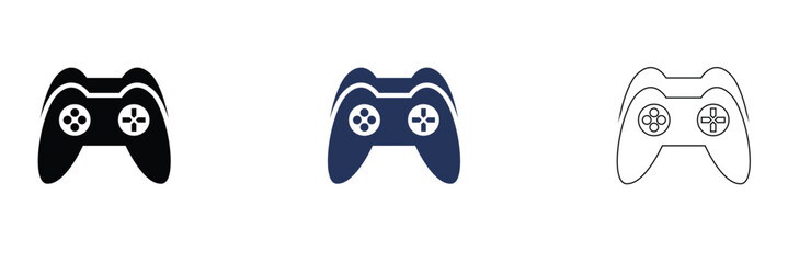 Minimal Game Controller Icons Set in Three Styles. Three game controllers in black, colour, and outline styles, representing gaming, technology, and modern minimalist design concepts. © KD Vector Studio
