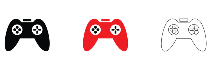 Minimal Game Controller Icons Set in Three Styles. Three game controllers in black, colour, and outline styles, representing gaming, technology, and modern minimalist design concepts. © KD Vector Studio