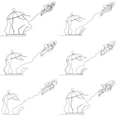Obraz premium Set of one line drawing presents a man, woman, Arab, astronaut, and robot using a jetpack to escape a birdcage. A wonderful business breakthrough concept designed for a startup promotion poster layout