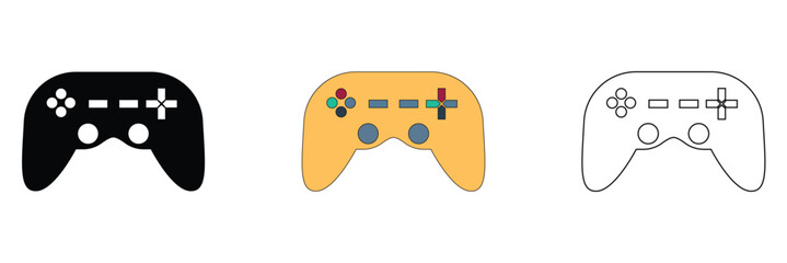 Minimal Game Controller Icons Set in Three Styles. Three game controllers in black, colour, and outline styles, representing gaming, technology, and modern minimalist design concepts. © KD Vector Studio