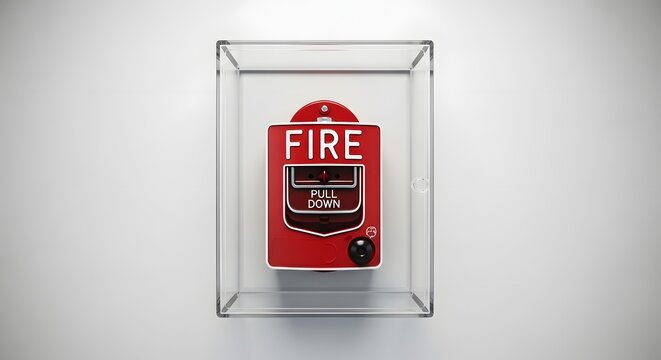 A bright red fire alarm pull station housed inside a clear protective case, mounted on a white wall, ready for emergency use