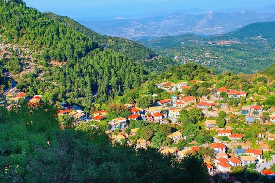 Egklouvi village view. Central mountain of Lefkada island, Greece