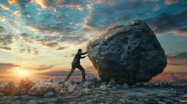 Witness the determination of a businessman pushing a colossal stone uphill, symbolizing the unwavering perseverance needed to overcome corporate challenges.