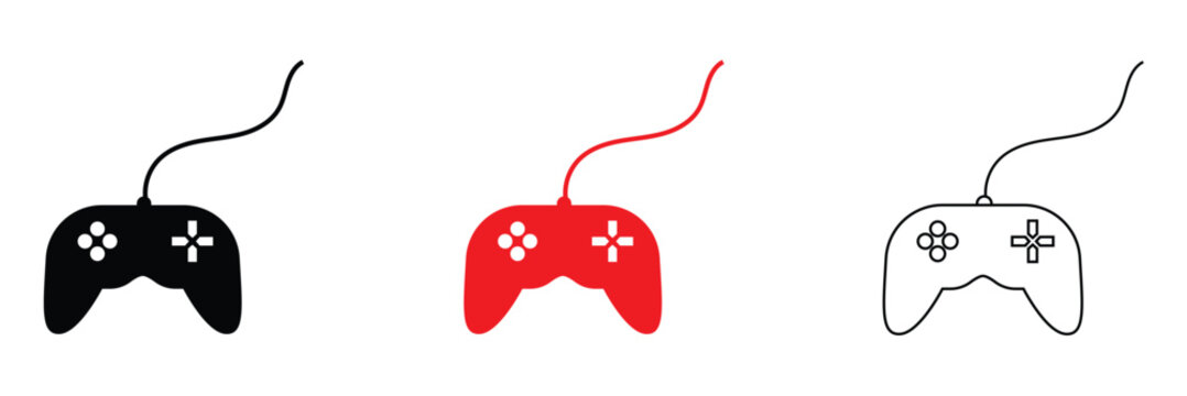 Minimal Game Controller Icons Set in Three Styles. Three game controllers in black, colour, and outline styles, representing gaming, technology, and modern minimalist design concepts.