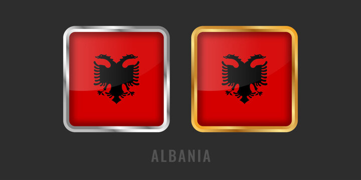 Albanian national flag icons featuring the double-headed eagle on a red field. Realistic 3D square glossy buttons with gold and silver borders