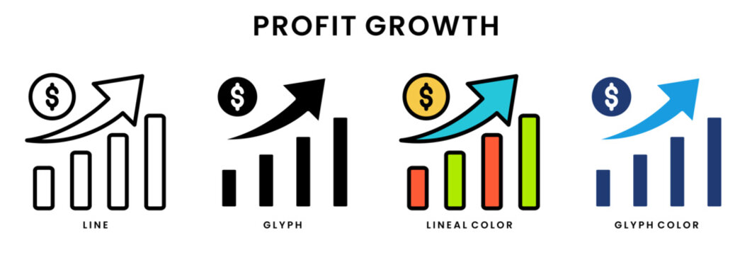 Profit growth and financial analytics bar chart uptrend icon set in line, glyph, lineal color and glyph color styles