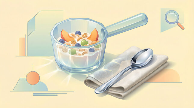 Digital illustration of a healthy breakfast cereal bowl with fruits, spoon, and napkin, set against abstract business charts and a magnifying glass. Diet analysis or corporate morning concept.