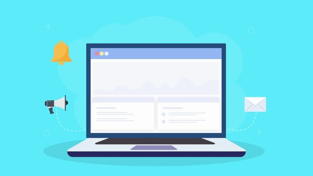 Flat vector animation of a laptop dashboard with notification bell, megaphone, and email icons. Concept of communication, campaign alerts, and marketing performance tracking.