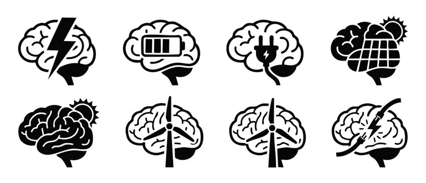 Brain energy icons set, renewable power and mental health concept symbols, human cognitive capacity and creative brainstorming icons, battery, solar and wind power creative mind vector illustrations.