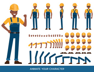 Naklejka premium Male African American Construction Worker Character Constructor – Flat Design Vector Kit with Poses and Facial Expressions for Animation and Explainer Videos