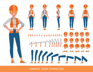 Obraz premium Woman construction worker Character Constructor – Flat Design Vector Kit with Poses and Facial Expressions for Animation and Explainer Videos