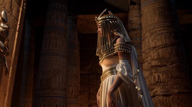 Ancient Egyptian Cleopatra Isis Prayer Scene in Torchlit Temple with Hieroglyphs and Sacred Ritual Setting