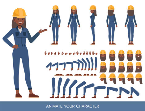 Female worker wearing blue jumpsuit Character Constructor &ndash; Flat Design Vector Kit with Poses and Facial Expressions for Animation and Explainer Videos