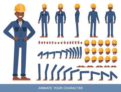 Male worker wearing blue jumpsuit working Character Constructor &ndash; Flat Design Vector Kit with Poses and Facial Expressions for Animation and Explainer Videos