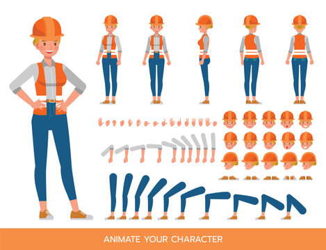 Woman construction worker Character Constructor &ndash; Flat Design Vector Kit with Poses and Facial Expressions for Animation and Explainer Videos