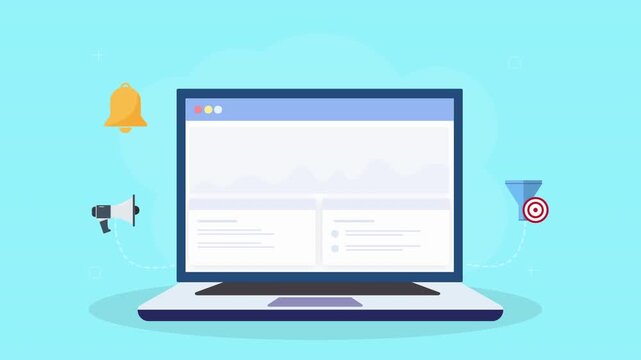 Flat vector animation of a laptop dashboard with notification bell, megaphone, and target icons. Concept of campaign alerts, audience engagement, and marketing performance tracking.
