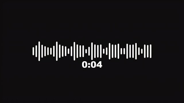 White digital audio waveform fluctuates with a running timer counting up representing a voice recording or music track