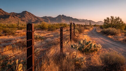 Obraz premium Desert border fence along the Arizonaâ€“Mexico line at golden hour