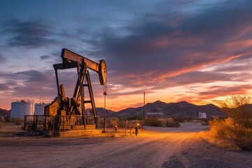 Naklejka premium Desert oilfield scene: pump unit operating at dusk with silhouetted equipment and distant tanks