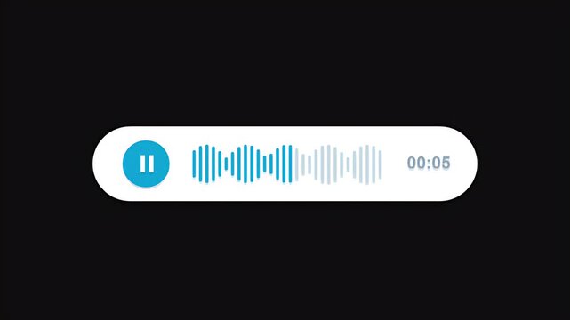 Animated voice message interface with a blue waveform and timer playing on a dark background