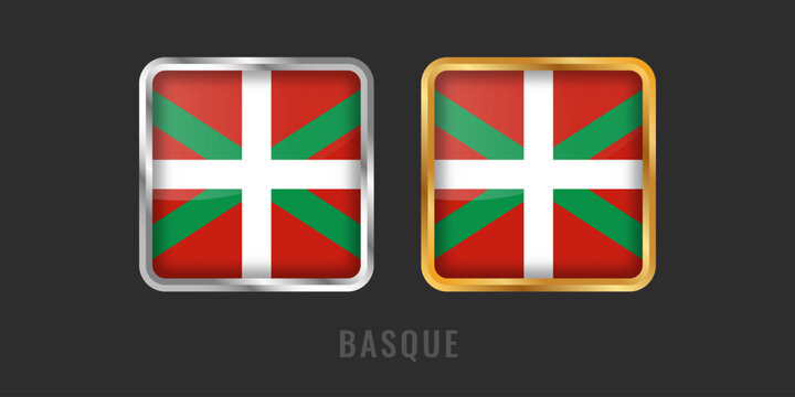 Ikurrina flag of the Basque Country in 3D square glossy icons with gold and silver metallic borders. Green cross and white cross on red field.
