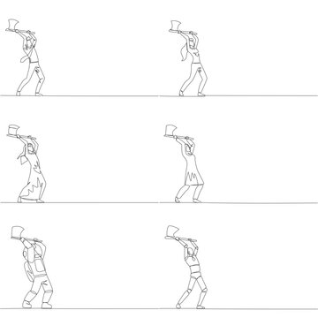 Set of single line drawing displays a man, woman, Arab, astronaut, and robot swinging an axe. A brilliant barrier breaking concept perfectly designed for a corporate business motivation poster.
