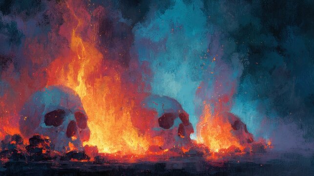 Dramatic illustration of skulls formed by flames with intense orange glow
