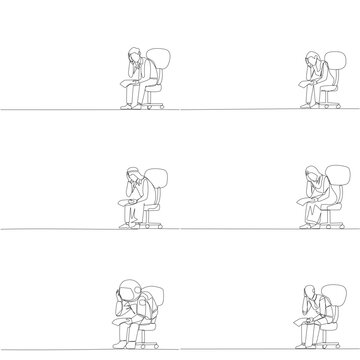Set of continuous line drawing features a man, woman, Arab, astronaut, and robot sitting stressed on a chair. An intense work pressure concept designed perfectly for a corporate blog post layout.