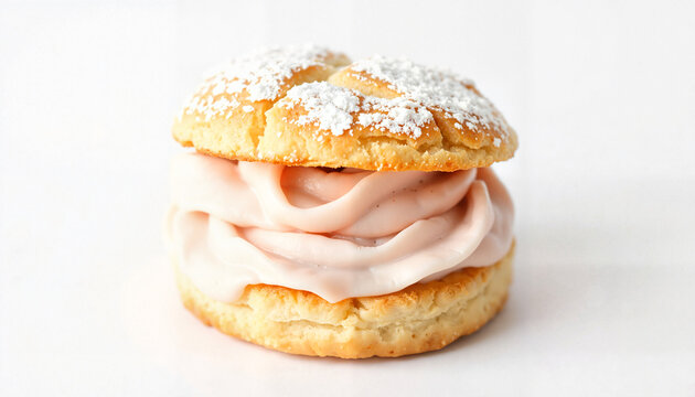 Sweet cream-filled pastry with pink frosting and powdered sugar  