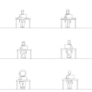 Set of single line drawing of diverse characters including a man, woman, Arab, astronaut, and robot sitting at a desk and working on a laptop. Perfect technology concept for a business presentation.
