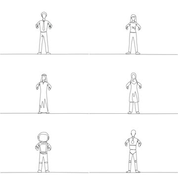 Set of one line drawing of a man, woman, Arab, astronaut, and robot standing in a zombie pose. This unique and playful fatigue concept design is perfect for an entertaining party flyer print.