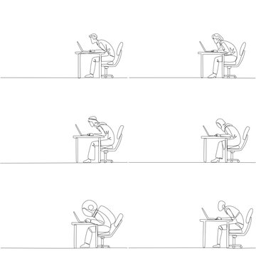 Set of continuous line drawing showing a man, woman, Arab, astronaut, and robot at desk with bad posture while working on a laptop. Ergonomics concept suitable for health blog article illustration.