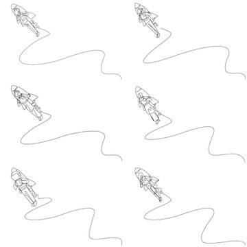 Set of single line drawing of a man, woman, Arab, astronaut, and robot flying high using a rocket jetpack. This excellent startup concept is highly suitable for an inspiring business proposal cover.