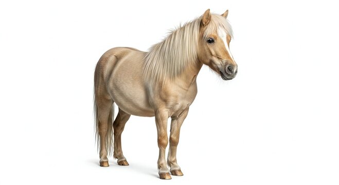 A beautiful palomino pony standing isolated on white background with a long mane and tail