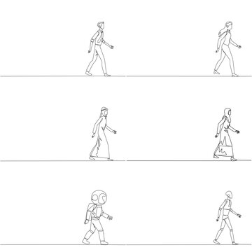 Set of one line drawing of a man, woman, Arabian, astronaut, and robot walking forward confidently. A positive progress concept that is incredibly suitable for an inspiring motivational book cover.