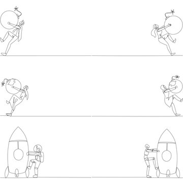 Set of one line drawing of a man, woman, Arab, astronaut, and robot carrying a large bomb or rocket. This powerful risk concept is excellent for an educational crisis management presentation slide.