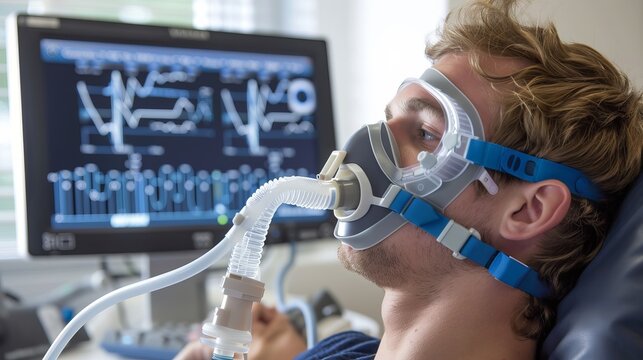 Man undergoing lung examination with a spirometer in a bright modern medical environment