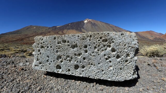Rough, porous chunk of light gray volcanic pumice stone with a clear blue sky and distant mountain backdrop.