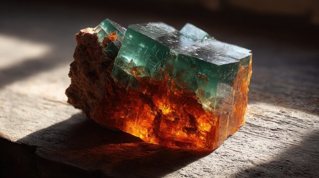 Luminous cubic fluorite crystal specimen with vibrant green and orange hues on rough matrix