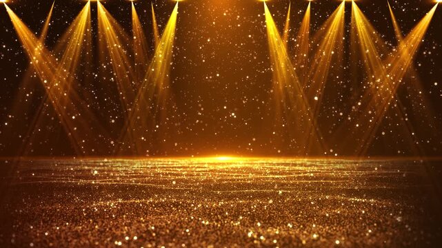 3D Stage opening golden stage glitter spotlights luxury gold light streak. Particle luxury for ceremony background, Black podium product stage with spotlight and golden glitter Spotlights background.