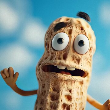 A whimsical, anthropomorphic peanut with a startled expression against a vibrant blue sky backdrop.