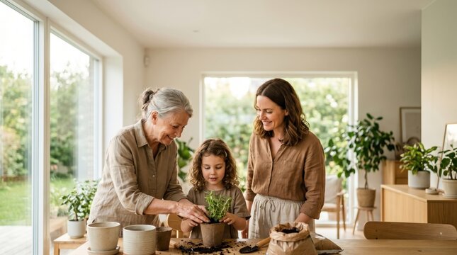 Happy grandmother mother and little girl planting herbs together at home multi generational family bonding over gardening hobby indoors with natural sunlight