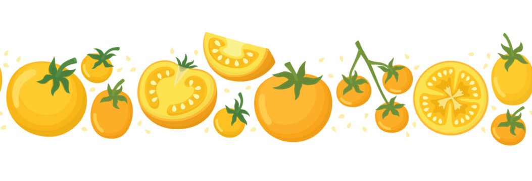 Seamless border with yellow whole tomatoes, half, slice and seeds. Horizontal pattern with fresh vibrant vegetables