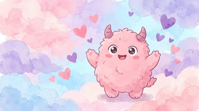 Pink Fluffy Monster with Horns Waving Happily in Clouds