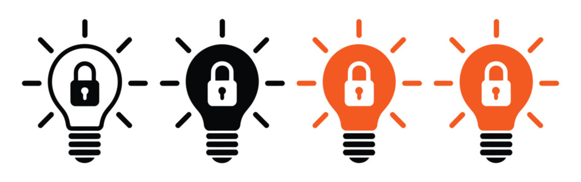 Patent and intellectual property icon logo set vector illustration, legal innovation concept representing copyright protection trademark registration invention ownership licensing rights management 