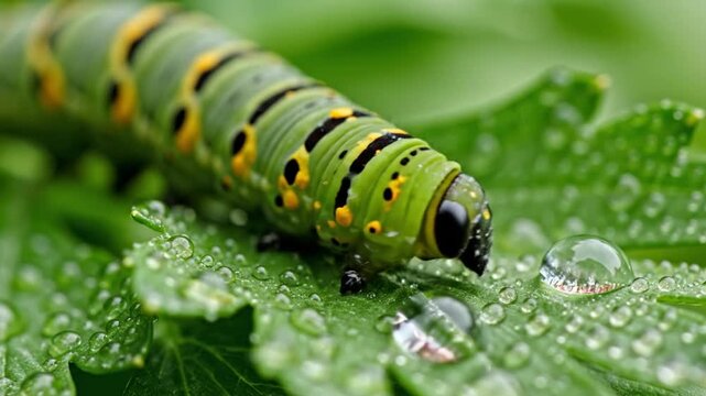 Close-up of a vibrant green caterpillar with yellow spots and black stripes crawling on a wet leaf with water droplets.